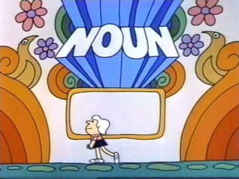 Still from Schoolhouse Rock that says "Noun" in the top and has a girl walking to the left.