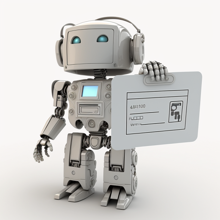 AI-generated robot showing off an ID. Robot looks happy.