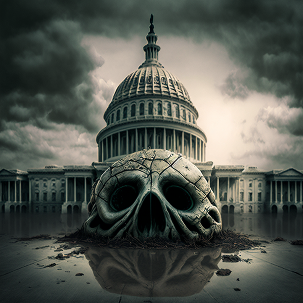 AI-generated image that depicts a skull in front of a quasi-capitol building.