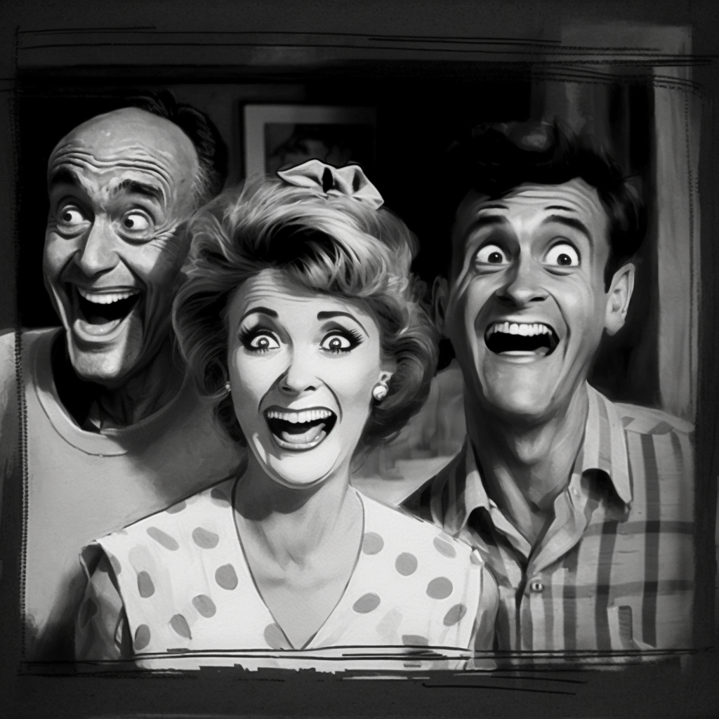 AI-generated image with the prompt "sitcom laugh track 60s vintage black and white" - depicts 3 people in black and white, all with pained expressions trying to fake laughter.